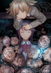 Rule 34 | 2girls, absurdres, aqua eyes, black background, blonde hair, bow, bowtie, bullfalk, closed eyes, closed mouth, collared shirt, daiba nana, facing viewer, floral background, flower, from above, grey jacket, hair over shoulder, hand on another&#039;s head, hand on own cheek, hand on own face, head rest, highres, hoshimi junna, jacket, long hair, long sleeves, looking at viewer, looking up, lying, multiple girls, no eyewear, on back, pink flower, pink rose, purple hair, red bow, red bowtie, rose, school uniform, seishou music academy uniform, shirt, short hair, short twintails, shoujo kageki revue starlight, swept bangs, twintails, white shirt