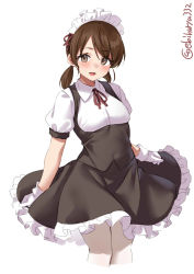 Rule 34 | 1girl, alternate costume, apron, black dress, black skirt, breasts, brown eyes, brown hair, collared dress, cowboy shot, dress, ebifurya, enmaided, framed breasts, frills, gloves, hair between eyes, highres, kantai collection, low twintails, maid, maid apron, maid headdress, neckerchief, one-hour drawing challenge, pantyhose, puffy short sleeves, puffy sleeves, red neckerchief, shirayuki (kancolle), short sleeves, short twintails, simple background, skirt, small breasts, solo, twintails, twitter username, vest, white background, white gloves, white pantyhose