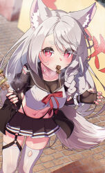 Rule 34 | + +, 1girl, absurdres, animal ears, azur lane, black gloves, black panties, black skirt, blush, braid, breasts, commentary request, crop top, eating, excited, fingerless gloves, food, food in mouth, from above, gloves, hair over one eye, hands up, happy, highleg, highleg panties, highres, leaning forward, long hair, looking at viewer, looking up, marimo daifuku, meat, medium breasts, midriff, miniskirt, mouth hold, nail polish, navel, neck ribbon, o-ring, o-ring thigh strap, outdoors, panties, patterned, pink eyes, pleated skirt, red eyes, red nails, red ribbon, ribbon, single braid, skindentation, skirt, solo, standing, tail, thigh strap, thighhighs, thighs, underwear, very long hair, white hair, wolf ears, wolf tail, yuudachi (azur lane)