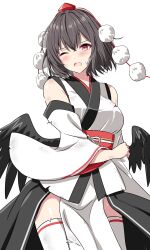 1girl bird_wings black_wings blush breasts brown_hair commentary detached_sleeves english_commentary hat highres japanese_clothes kimono kourindou_tengu_costume obi obijime official_alternate_costume one_eye_closed open_mouth pelvic_curtain pom_pom_(clothes) red_eyes red_hat red_sash rise_(rise19851203) sash shameimaru_aya side_slit simple_background solo sweatdrop thighhighs thighs tokin_hat torn_clothes touhou white_background white_kimono white_thighhighs wide_sleeves wings