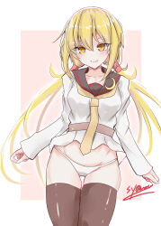 Rule 34 | 1girl, absurdres, black thighhighs, blonde hair, collarbone, crescent, crescent pin, highres, kantai collection, long hair, no pants, panties, satsuki (kancolle), shamo (ptwmjgda), signature, smile, solo, thighhighs, twintails, underwear, white panties, yellow eyes