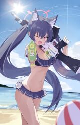 Rule 34 | 1girl, absurdres, animal ears, ball, beach, beachball, bikini, black bikini, black hair, blue archive, blush, breasts, cat ears, cleavage, cowboy shot, day, extra ears, fang, frilled bikini, frills, groin, gun, hair between eyes, halo, highres, holding, holding water gun, long hair, looking at viewer, navel, ocean, official alternate costume, one eye closed, open mouth, outdoors, pink halo, red eyes, serika (blue archive), serika (swimsuit) (blue archive), shiu kyu, skin fang, small breasts, smile, solo, swimsuit, twintails, water gun, weapon