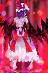 Rule 34 | 1girl, bat wings, dress, female focus, frills, from behind, full body, hat, mob cap, pigeon-toed, puffy short sleeves, puffy sleeves, purple hair, remilia scarlet, shaded face, short hair, short sleeves, solo, standing, touhou, white dress, wings