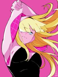 Rule 34 | 1girl, absurdres, blonde hair, blue eyes, bodysuit, earrings, floating hair, highres, jewelry, looking at viewer, marvel, pink background, solo, spider-gwen, spider-man (series), sushi pizza rrr