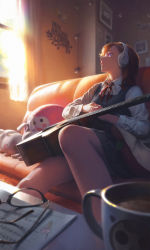 Rule 34 | 1girl, acoustic guitar, blurry, brown hair, collared shirt, couch, cup, curtains, depth of field, dress, dress shirt, duplicate, glasses, grey dress, guitar, headphones, highres, indoors, instrument, looking to the side, love live!, love live! superstar!!, medium hair, mug, namako mikan, neck ribbon, notebook, orange hair, parted lips, picture frame, pixel-perfect duplicate, pleated skirt, purple eyes, realistic, red ribbon, ribbon, school uniform, shibuya kanon, shirt, sidelighting, sitting, skirt, stuffed animal, stuffed toy, summer uniform, white shirt, window, yuigaoka music program school uniform, yuigaoka school uniform