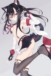 Rule 34 | 1girl, animal ear fluff, animal ears, ass, azur lane, black gloves, black hair, black skirt, black thighhighs, blush, breasts, closed mouth, commentary, cowboy shot, crop top, fang, fingerless gloves, gloves, grey background, hair between eyes, highres, jacket, long hair, long sleeves, looking at viewer, lows., medium breasts, midriff, miniskirt, nail polish, navel, open clothes, open jacket, pleated skirt, red eyes, red footwear, red nails, retrofit (azur lane), sailor collar, shigure (azur lane), simple background, skin fang, skindentation, skirt, solo, thigh strap, thighhighs, thighs, two-tone skirt, underboob, white jacket, white skirt