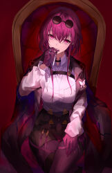 Rule 34 | 1girl, absurdres, black jacket, black pants, cigarette, crossed arms, eyewear on head, gloves, highres, holding, holding cigarette, honkai: star rail, honkai (series), jacket, kafka (honkai: star rail), long sleeves, looking at viewer, pants, parted lips, pink eyes, pink gloves, pink hair, pipoer, shirt, sitting, solo, sunglasses, throne, white shirt