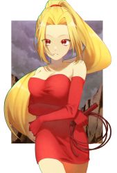 Rule 34 | 1girl, bare shoulders, blonde hair, breasts, dress, elbow gloves, gloves, highres, holding, long hair, looking at viewer, ponytail, red dress, red gloves, short dress, shynesslady, solo, star ocean, star ocean the second story, strapless, syaccchio10, very long hair, whip