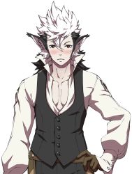 Rule 34 | 1boy, animal ears, blush, dog ears, fire emblem, fire emblem fates, hand on own hip, keaton (fire emblem), male focus, monster boy, multicolored hair, nintendo, official art, open collar, popped collar, scar, simple background, solo, two-tone hair, upper body