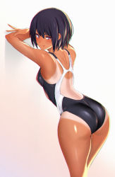 Rule 34 | 1girl, :p, absurdres, arms up, ass, back, bare shoulders, black hair, black one-piece swimsuit, blush, breasts, closed mouth, competition swimsuit, cowboy shot, fingernails, from behind, gradient background, hair between eyes, half-closed eyes, highleg, highleg swimsuit, highres, hip focus, legs together, licking lips, long fingernails, looking at viewer, looking back, one-piece swimsuit, one-piece tan, one eye closed, original, purple eyes, shiny skin, short hair, shoulder blades, simple background, small breasts, smile, solo, standing, swimsuit, tan, tanline, thighs, tongue, tongue out, ulrich (tagaragakuin), wet, white background