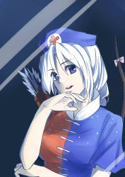 Rule 34 | 1girl, absurdres, arrow (projectile), blue eyes, bow, bow (weapon), braid, breasts, dress, hand on own chin, hand on own face, hat, highres, hujitaumi, jewelry, long hair, looking at viewer, nurse cap, open mouth, quiver, short sleeves, silver hair, solo, touhou, weapon, yagokoro eirin