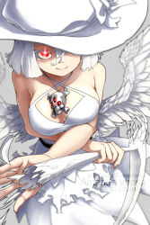 Rule 34 | 1girl, breasts, character name, cleavage, criss-cross halter, dress, feathered wings, grey background, hair between eyes, halterneck, hat, hat over one eye, holding, holding scythe, jewelry, large breasts, looking at viewer, medium breasts, mushroom girl, necklace, original, oso (toolate), red eyes, scythe, simple background, skull necklace, smile, solo, sun hat, upper body, watermark, web address, white dress, white hair, white wings, wings