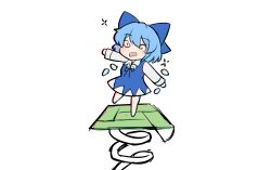 Rule 34 | 1girl, @ @, blue bow, blue dress, blue hair, bow, cirno, collared shirt, commentary, detached wings, dizzy, dress, english commentary, ferdy&#039;s lab, full body, hair bow, highres, ice, ice wings, long sleeves, shirt, short hair, simple background, solo, spring (object), squeans, touhou, white background, white shirt, wings
