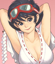 Rule 34 | 1girl, armpits, arms up, black hair, blue eyes, breasts, cleavage, collarbone, commentary request, goggles, goggles on head, japanese clothes, large breasts, light smile, lips, maou alba, miko, sengoku ace, sengoku blade, short hair, solo, togashi koyori