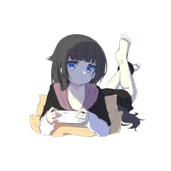 Rule 34 | 1girl, absurdres, barefoot, black hair, black hoodie, black skirt, blue eyes, closed mouth, collarbone, commentary request, full body, handheld game console, highres, holding, hood, hood down, hoodie, layered sleeves, legs up, long hair, long sleeves, looking at viewer, lying, on stomach, original, pillow, redrawn, shirasu youichi, short over long sleeves, short sleeves, simple background, skirt, sleeves past wrists, soles, solo, very long hair, white background