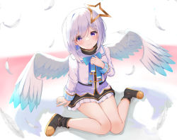 Rule 34 | 1girl, akie (44265104), amane kanata, angel, bad id, bad pixiv id, black footwear, black skirt, blue bow, blush, boots, bow, commentary, feathered wings, frilled skirt, frills, full body, halo, hand on own chest, highres, hololive, looking at viewer, medium hair, purple eyes, shirt, sitting, skirt, smile, solo, star halo, virtual youtuber, wariza, white hair, white shirt, wings