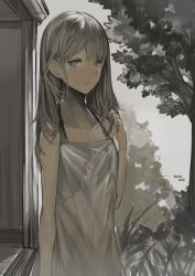 Rule 34 | 1girl, arm at side, closed mouth, collarbone, dated, dress, grey eyes, grey hair, grey theme, hand up, long hair, looking at viewer, original, outdoors, parted lips, rain, rayvon, see-through, sketch, solo, tree, wet, white dress