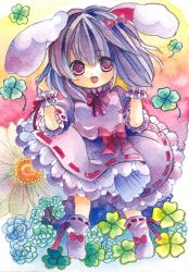Rule 34 | 1girl, animal ears, female focus, full body, gradient background, inaba tewi, niko (2ars), painting (medium), plant, rabbit ears, solo, touhou, traditional media, watercolor (medium), wrist cuffs