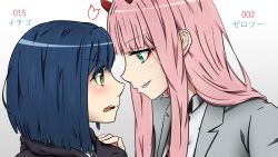 Rule 34 | 2girls, absurdres, blouse, character name, darling in the franxx, from side, grey background, highres, ichigo (darling in the franxx), multiple girls, portrait, shippaidayo, shirt, simple background, teeth, upper teeth only, white shirt, yuri, zero two (darling in the franxx)