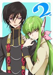 Rule 34 | 1boy, 1girl, black hair, black jacket, blue background, bow, c.c., closed mouth, code geass, couple, creayus, fingernails, green hair, hair between eyes, hair bow, hands on another&#039;s shoulder, jacket, lelouch vi britannia, long hair, long sleeves, looking at viewer, parted lips, pink bow, purple eyes, simple background, smile, standing, yellow eyes