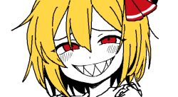 Rule 34 | 1girl, bbyong403, blonde hair, blush, grin, hair between eyes, hair ribbon, half-closed eyes, korean commentary, looking at viewer, portrait, red eyes, red ribbon, ribbon, rumia, sharp teeth, short hair, simple background, smile, solo, teeth, touhou, white background