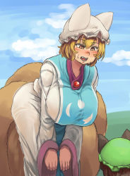 Rule 34 | 2girls, alternate eye color, animal ears, animal hat, ass, blonde hair, blue sky, blush, breasts, brown eyes, brown hair, cat ears, chanta (ayatakaoisii), chen, cloud, day, dress, fox tail, from behind, green hat, hanging breasts, hat, height difference, hill, huge breasts, long sleeves, looking at another, looking down, mob cap, multiple girls, multiple tails, open mouth, short hair, size difference, sky, sweat, tabard, tail, thighs, touhou, white dress, wide sleeves, yakumo ran