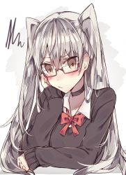 Rule 34 | 10s, 1girl, amatsukaze (kancolle), bespectacled, blush, braid, head rest, choker, commentary, dress shirt, glasses, grey hair, kantai collection, kvlen, long hair, looking at viewer, red-framed eyewear, shirt, solo, squiggle, twin braids, upper body, yellow eyes