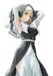Rule 34 | 1girl, :o, armpits, arms behind head, arms up, blonde hair, blue eyes, breasts, cowboy shot, en&#039;en no shouboutai, eyebrows hidden by hair, hair between eyes, highres, iris (enen no shouboutai), large breasts, looking at viewer, nun, original, short hair, simple background, solo, standing, tagme, thighhighs, triangle mouth, ttk (kirinottk), white background, white thighhighs