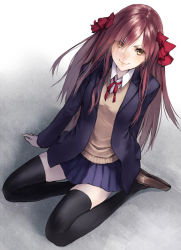 Rule 34 | 1girl, alternate costume, black thighhighs, blazer, brown hair, cybele (lord of vermilion), jacket, loafers, long hair, lord of vermilion, makimura shunsuke, revision, school uniform, shoes, sitting, skirt, smile, solo, sweater, thighhighs, yellow eyes