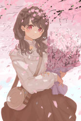 Rule 34 | 1girl, bag, bouquet, brown hair, brown skirt, cherry blossoms, commentary request, duplicate, flower, fukumaru koito, highres, holding, holding bouquet, idolmaster, idolmaster shiny colors, long sleeves, looking at viewer, low twintails, petals, pixel-perfect duplicate, raichita, red eyes, shirt, shoulder bag, skirt, solo, twintails, white shirt