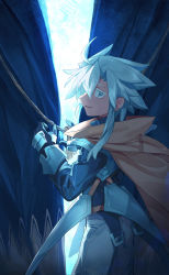 Rule 34 | 1other, ahoge, androgynous, armor, bad id, bad pixiv id, blue eyes, blue hair, brown cape, cape, cowboy shot, curtains, fang, from behind, from side, greaves, highres, looking at viewer, looking back, original, pants, parted lips, shichigatsu, slit pupils, smile, solo, standing, white pants