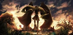 Rule 34 | 1girl, artist request, back, cloud, cloudy sky, commentary request, cumulonimbus cloud, dark clouds, giant, giantess, hatsune miku, long hair, monster girl, outdoors, size difference, skirt, sky, solo, thighhighs, twintails, very long hair, vocaloid, walking