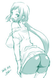 Rule 34 | 10s, 1girl, ass, blush, breasts, covered erect nipples, dated, gundam, gundam build fighters, iori rinko, large breasts, long hair, looking at viewer, mature female, mitarashi kousei, monochrome, open mouth, ponytail, ribbed sweater, shorts, signature, simple background, sketch, solo, sweater, turtleneck, white background