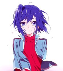 Rule 34 | 1boy, absurdres, ahoge, blue jacket, cardfight!! vanguard, closed mouth, commentary request, highres, jacket, male focus, maruchi, open clothes, open jacket, purple eyes, purple hair, red sweater, ribbed sweater, sendou aichi, short hair, simple background, solo, sweater, tears, trap, upper body, white background