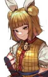 Rule 34 | 1girl, blonde hair, bun cover, closed mouth, commentary, double bun, hair bun, hair ribbon, haniwa (statue), highres, joutouguu mayumi, looking at viewer, nio (meple nio), ribbon, short hair, short sleeves, simple background, smile, solo, touhou, upper body, vambraces, white background, white ribbon, yellow eyes