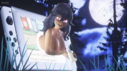Rule 34 | 1girl, @ @, bottle, breasts, covering breasts, covering privates, creatures (company), forest, foxyrenart, game freak, gen 1 pokemon, haunter, hex maniac (pokemon), highres, large breasts, looking at viewer, messy hair, milk, milk bottle, moon, nature, nintendo, nintendo switch, nipples, npc trainer, pokemon, pokemon (creature), pokemon xy, purple eyes, purple hair, the ring, through medium, through screen