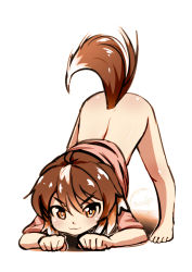 Rule 34 | &gt;:3, 1girl, :3, animal ears, artist name, ass, bare legs, barefoot, bottomless, brown eyes, brown hair, cowfee, dog ears, dog girl, dog tail, full body, highres, looking at viewer, original, paw pose, pet play, pink shirt, shirt, short hair, signature, simple background, solo, tail, top-down bottom-up, v-shaped eyebrows, white background