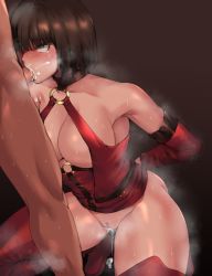 Rule 34 | 1boy, 1girl, arms behind back, black hair, breasts, choker, cleavage, cum, cum in pussy, cumdrip, fellatio, female pubic hair, green eyes, guilty gear, highres, i-no, large breasts, oral, penis, pizzalover12, pubic hair, short hair, tagme, uncensored
