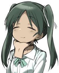 Rule 34 | 1girl, choker, closed eyes, disembodied limb, fankupl, francesca lucchini, green hair, hair ribbon, hand on another&#039;s chin, highres, jacket, long hair, neck ribbon, parted bangs, ribbon, simple background, sketch, smile, strike witches, twintails, white background, white ribbon, world witches series
