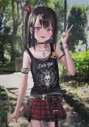 Rule 34 | 1girl, absurdres, armlet, baphomet, belt, black nails, black shirt, blush, brown hair, bush, camisole, choker, cowboy shot, cross, day, earrings, english text, gishiki (gshk), hair ornament, hair ribbon, hairclip, highres, jewelry, long hair, looking at viewer, miniskirt, multiple belts, nail polish, necklace, open mouth, original, outdoors, pentagram, photo background, plaid, plaid skirt, pleated skirt, profanity, punk, punkish gothic, red eyes, red ribbon, revealing clothes, ribbon, ring, sexually suggestive, shirt, side ponytail, skinny, skirt, smile, smiley face, solo, spiked armlet, spiked choker, spikes, tank top, tree, union jack, v, watch, wristwatch