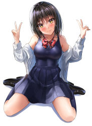 Rule 34 | 1girl, bare shoulders, black hair, blue one-piece swimsuit, blue skirt, blue socks, blush, bow, bowtie, breasts, brown eyes, double v, dress shirt, hands up, head tilt, high-waist skirt, highres, kneehighs, light smile, loafers, looking at viewer, medium breasts, off shoulder, one-piece swimsuit, open clothes, open shirt, original, pleated skirt, red bow, red bowtie, ribbed legwear, school swimsuit, school uniform, shirt, shoes, simple background, sitting, skirt, socks, solo, spread legs, striped bow, striped bowtie, striped clothes, striped neckwear, swimsuit, swimsuit under clothes, taut clothes, taut swimsuit, v, wariza, white shirt, yukemuriganmo