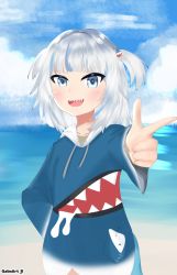 Rule 34 | 1girl, absurdres, animal hood, beach, blue eyes, blue jacket, cloud, female focus, fins, fish tail, gaboart 8, gawr gura, hair ornament, highres, hololive, hololive english, hood, jacket, looking at viewer, medium hair, multicolored hair, ocean, open mouth, pointing, shark girl, shark hair ornament, shark hood, shark tail, short twintails, smile, solo, tail, teeth, twintails, virtual youtuber, white hair