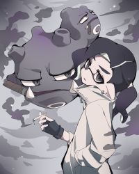 Rule 34 | 1girl, black eyes, black hair, cigar, cigarette, creatures (company), crossover, earrings, fangs, floating, game freak, gen 1 pokemon, gloves, grey background, hair tie, hand in pocket, head tilt, high collar, holding, holding cigarette, inkling, inkling girl, inkling player character, jacket, jewelry, long sleeves, looking at another, looking at viewer, looking up, matsushita (matsudbox), nintendo, pointy ears, pokemon, pokemon (creature), smoke, splatoon (series), standing, upper body, weezing, white jacket