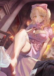 1girl bare_legs blonde_hair blurry blurry_background blush breasts cleavage_cutout clothing_cutout crossed_legs dress finger_to_mouth gloves highres large_breasts looking_at_viewer nijisanji otsudou pink_dress pink_gloves shushing sister_claire sitting smile solo virtual_youtuber