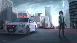 Rule 34 | 1girl, apollos ars, black eyes, black footwear, black hair, black jacket, black pants, building, car, city, cityscape, closed mouth, commentary, english commentary, formal, highres, jacket, long sleeves, looking at viewer, motor vehicle, open clothes, open jacket, original, outdoors, pants, police car, scenery, shoes, short hair, signature, solo, suit, toyota, toyota crown, vehicle request, wide shot