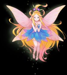 Rule 34 | 1girl, anklet, barefoot, blonde hair, blue dress, dress, faerie (seiken densetsu 3), fairy, fairy wings, full body, green hair, haccan, jewelry, long hair, looking at viewer, lowres, official art, parted lips, pointy ears, seiken densetsu, seiken densetsu 3, sleeveless, transparent background, wings