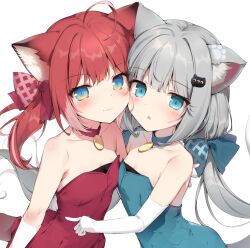 Rule 34 | akami karubi, animal ears, blue eyes, breasts, cat ears, closed mouth, dress, elbow gloves, gloves, green dress, grey hair, hair between eyes, highres, indie virtual youtuber, jewelry, karory, long hair, nachoneko, necklace, open mouth, red dress, red hair, small breasts, smile, virtual youtuber, white background, white gloves