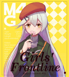 Rule 34 | 1girl, arm at side, artist name, beret, blush, character profile, checkered background, coat, copyright name, duffel coat, english text, engrish text, flower, girls&#039; frontline, green coat, hair ornament, hairclip, hat, highres, holding, holding flower, long sleeves, looking at viewer, mg4 (girls&#039; frontline), ranguage, ranyu, red hat, revision, silver hair, smelling, solo, tareme, turtleneck, upper body, watch, wristwatch, yellow background, yellow eyes