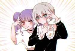 Rule 34 | &gt;:), 2girls, aoba moca, bang dream!, black choker, black shirt, blue eyes, bread, choker, chromatic aberration, emphasis lines, food, food print, frilled shirt collar, frilled sleeves, frills, grey hair, hand on another&#039;s shoulder, hand on own chest, hand over eye, long sleeves, mamaloni, multiple girls, purple hair, red eyes, shirt, short hair, short sleeves, sidelocks, twintails, udagawa ako, upper body, white background, white shirt