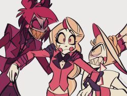 Rule 34 | . ., 1girl, 2boys, alastor (hazbin hotel), arm grab, blonde hair, charlie morningstar, clenched teeth, colored sclera, commentary request, father and daughter, formal, grabbing another&#039;s arm, grin, hand on another&#039;s shoulder, hat, hazbin hotel, height difference, highres, long hair, lucifer morningstar (hazbin hotel), multiple boys, red eyes, red hair, red sclera, sharp teeth, short hair, smile, suit, taro taroo2, teeth, yellow sclera